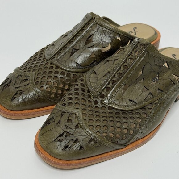 💚 Free People Paramount Olive Green Leather Cutout Mules | Slip-On Mules Women - Picture 1 of 10